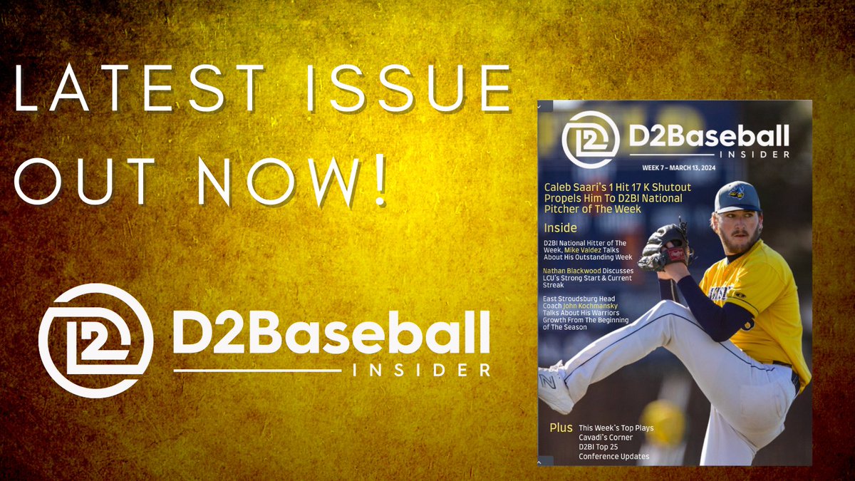 D2 Baseball Insider (@d2bsblinsider) on Twitter photo ⚾️🚨 The latest issue of D2 Baseball Insider JUST DROPPED! 🚨⚾️ Inside you'll find interviews with:
🏅 D2BI National Hitter of The Week: Mike Valdez (<a href="/MValdez2911/">Mykanthony Valdez</a>) of Tampa (@UT_Baseball)
🎯 D2BI National Pitcher of the Week: Caleb Saari (<a href="/saari_caleb/">Caleb Saari</a>) of Augustana ⚾️🚨 The latest issue of D2 Baseball Insider JUST DROPPED! 🚨⚾️ Inside you'll find interviews with:
🏅 D2BI National Hitter of The Week: Mike Valdez (<a href="/MValdez2911/">Mykanthony Valdez</a>) of Tampa (@UT_Baseball)
🎯 D2BI National Pitcher of the Week: Caleb Saari (<a href="/saari_caleb/">Caleb Saari</a>) of Augustana