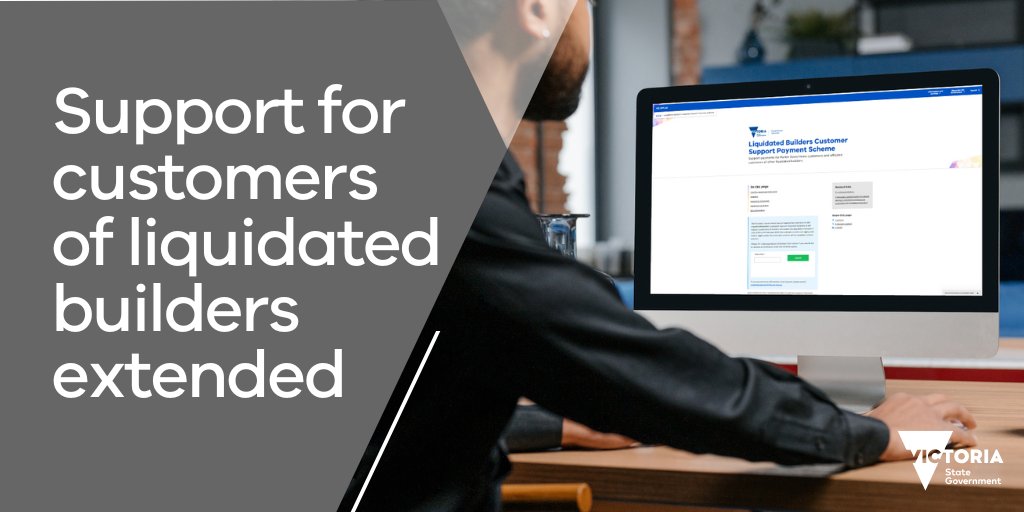 The Liquidated Builders Customer Support Payment Scheme has been extended to support customers who entered into a domestic building contract/agreement with a builder that went into liquidation between 1 July 2023 &amp; 20 February 2024.

Register for updates: vic.gov.au/liquidated-bui…