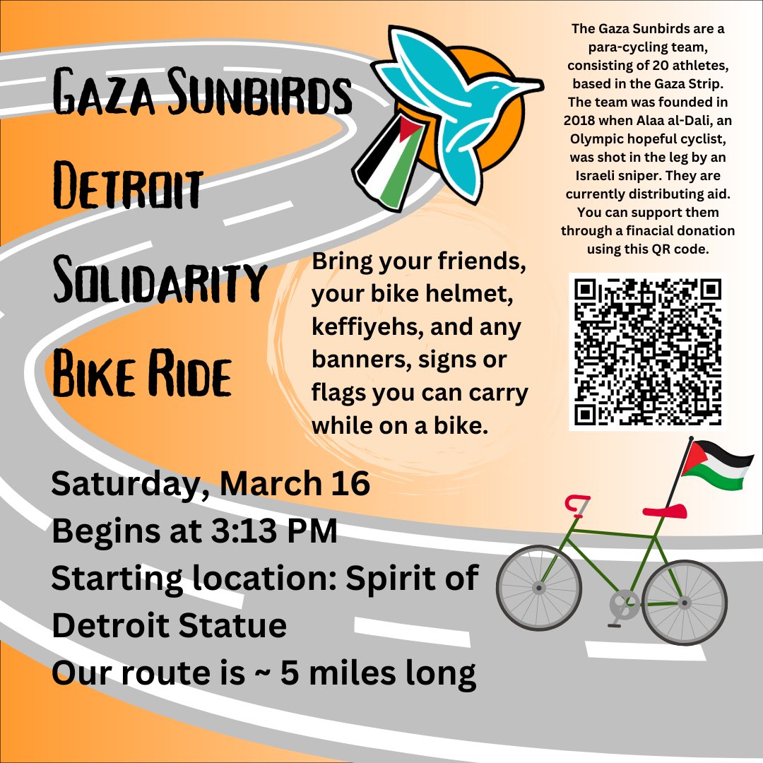 hollerbach's tweet image. Sat 16 Mar 3pm … join us for the next Detroit ride in solidarity with the @gazasunbirds Great Ride of Return, starting at Spirit of Detroit (Woodward &amp;amp; Jefferson). Bring your bike, helmet, flags, keffiyeh, …and get ready to take over the streets of Detroit! 🚴🇵🇸✊