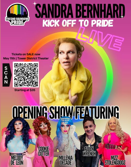 We are excited to announce this event is 75% sold out. Come experience the fabulous @SandraBernhard LIVE at the historic Tower Theatre - you are also in for a treat with a fantastic opening show. Featuring your favorite local talent and recently crowned Pride Pageant winners.