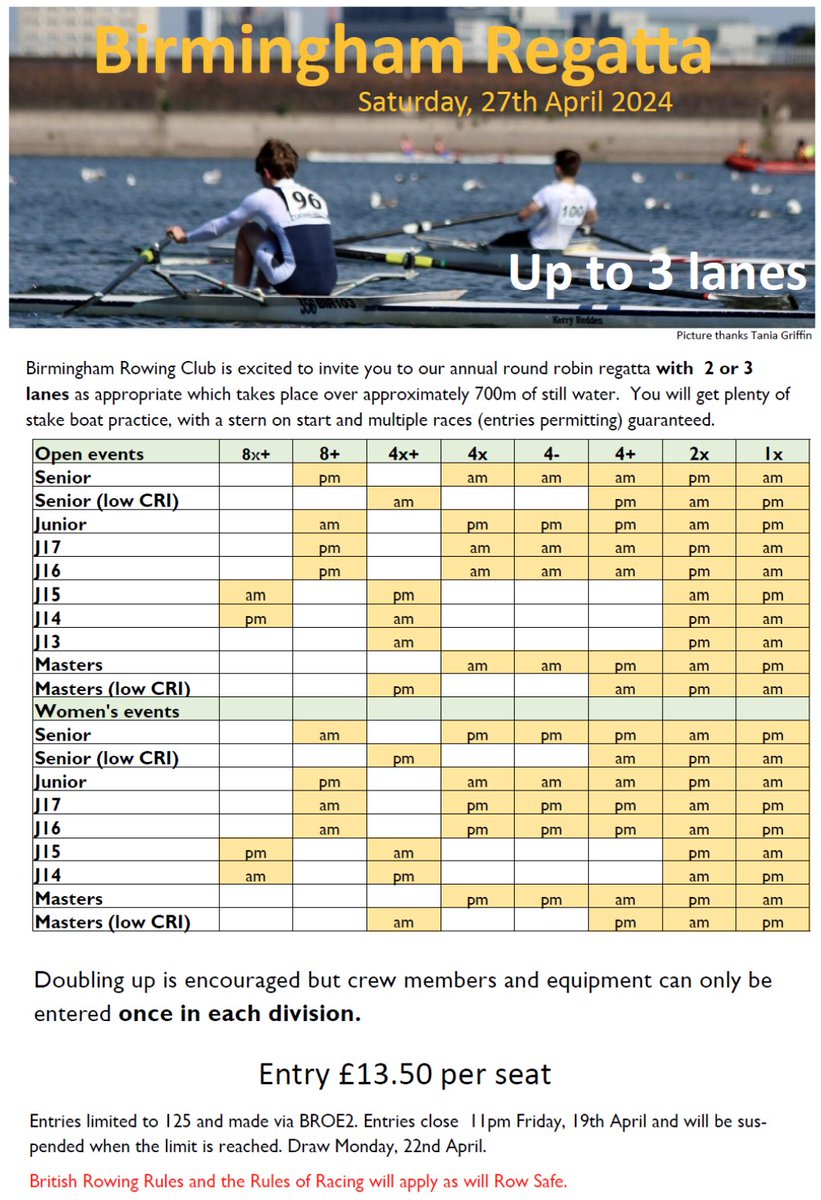 BROE2 is now open for entries for <a href="/RowBrum/">Birmingham Rowing Club</a> regatta on Saturday, 27th April