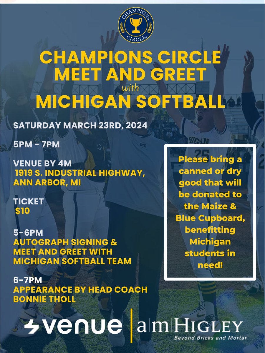 Attention Michigan Softball fans! We will be hosting a Meet & Greet with @umichsoftball on their home opening weekend! Come get autographs from your favorite players and hear from Head Coach Bonnie Tholl! See you at Venue on March 23rd! championscircleuofm.com/events-YifnZ