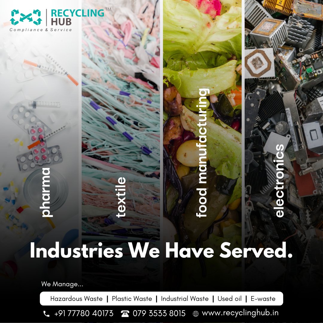 Industries We Have Served Pharma, Textile, Food Manufacturing, Electronics & many more!
.
Contact us: 7778040173 | Email: info@recyclinghub.in | Visit recyclinghub.in
.
#RecyclingHub #IndustrialWasteManagementCompany #GPCBauthorized #HazardousWaste