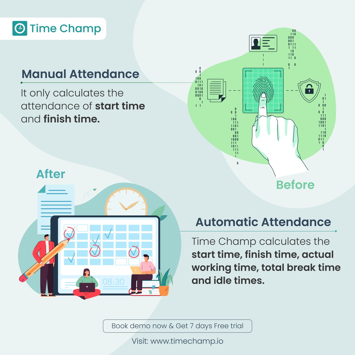 Upgrade your time-tracking game! Time Champ revolutionizes attendance by shifting from manual logging to automated precision.
ry Time Champ for free: bit.ly/3pcDNE8

#SmartAttendance #AttendanceMadeEasy #AutomaticTracking #WorkSmart #BoostYourProductivity #TimeChamp