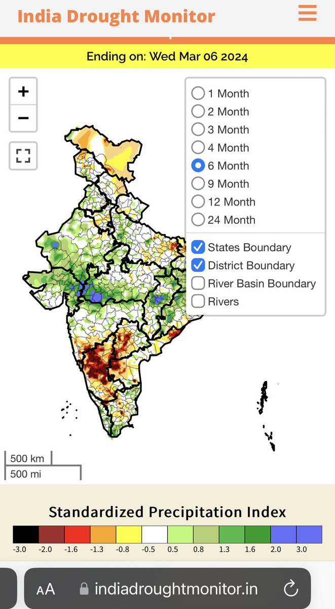 Last six months have been extremely dry in Karnataka and so as the last 12 months! More on India Drought Monitor: indiadroughtmonitor.in/#/standardized… #drought #Karnataka @ACIWRM_GoK