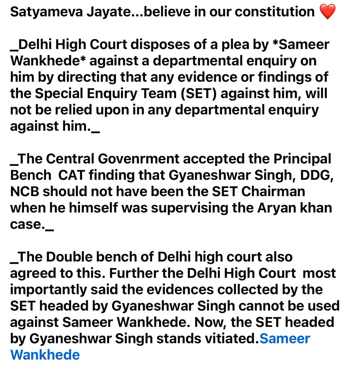 Truth takes it's time 2 come 2 light as it has facts with it but when it comes 2 light EVERYTHING ELSE DISAPPEARS AND ONLY TRUTH REMAINS Sameer Sir has been a living example of honesty personified. Leaving few all know that & stand 4 that I was & am always with @swankhede_IRS