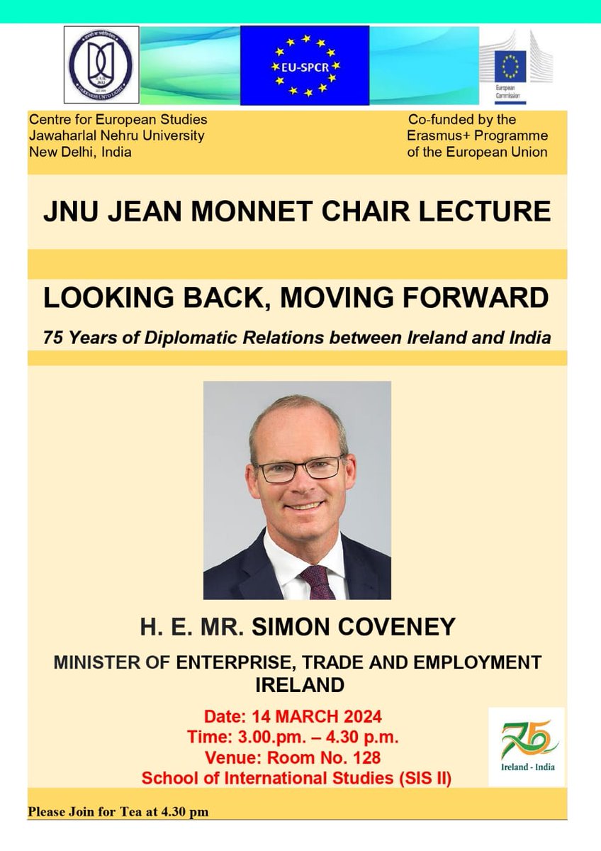 Join us today at @JNU_official_50 for an insightful exploration of the 75 years journey in diplomatic relations between Ireland & India, featuring @simoncoveney Minister of Enterprise,Trade & Employment, Ireland.

@SalmaBava @amitabhmattoo
@IrlEmbIndia @KellyinDelhi
More info👇