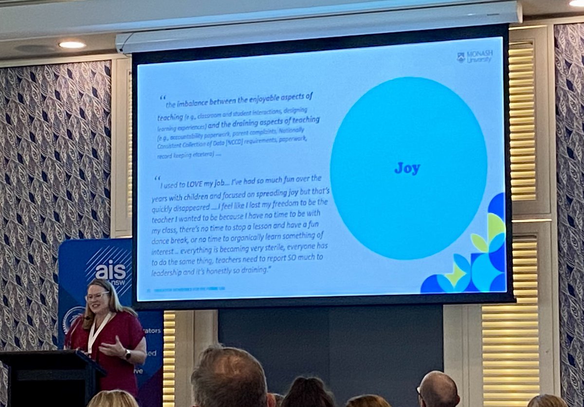 gripgirl's tweet photo. The importance of finding joy in teaching. A fascinating discussion about teacher retention from @LongmuirFiona #teachingforum @AISNSWEvidence https://t.co/U869WU8SL7