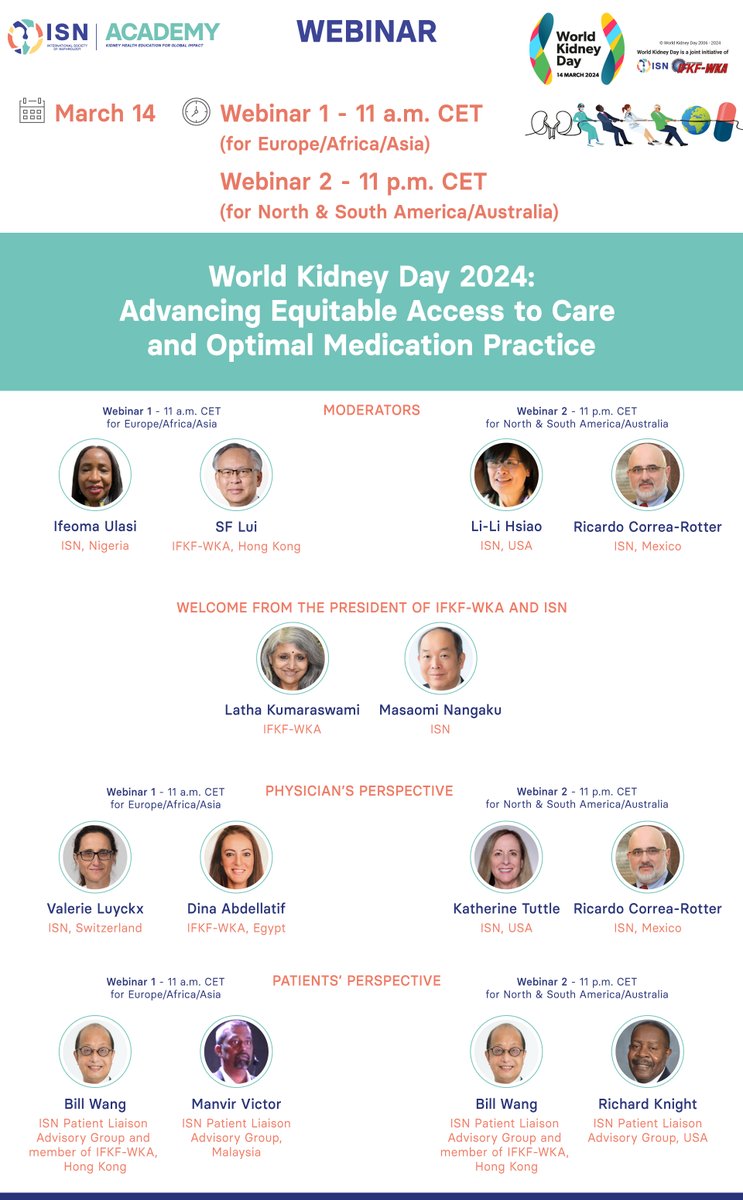 @worldkidneyday Join us on the #WorldKidneyDay webinars: Advancing equitable access to care and optimal medication practice. ⏰ Webinar 1 - 11 am CET 🔗 Register: ow.ly/YvMI50QPbrv ⏰ Webinar 2 - 11 pm CET 🔗 Register: ow.ly/aJUc50QPbrw