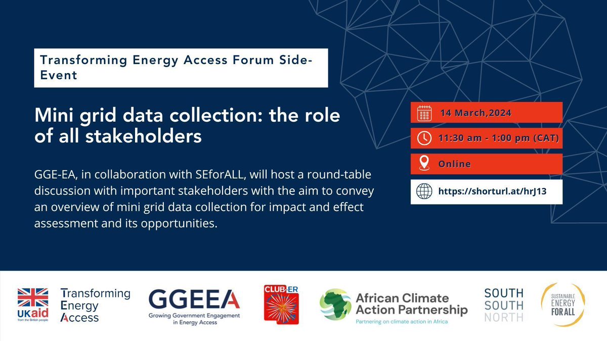 Join AfCAP and @Club_ER_org 's GGE-EA round-table discussion today at the @TEAEnergyAccess forum to enhance the database on #African #mini-grid impact assessment. #AfricanEnergy #Renewables #TEAForum24 

📆 14 March 2024
⏰ 11:30 - 13:00 CAT 
📍 Virtual ➡️ buff.ly/3v6MB1I