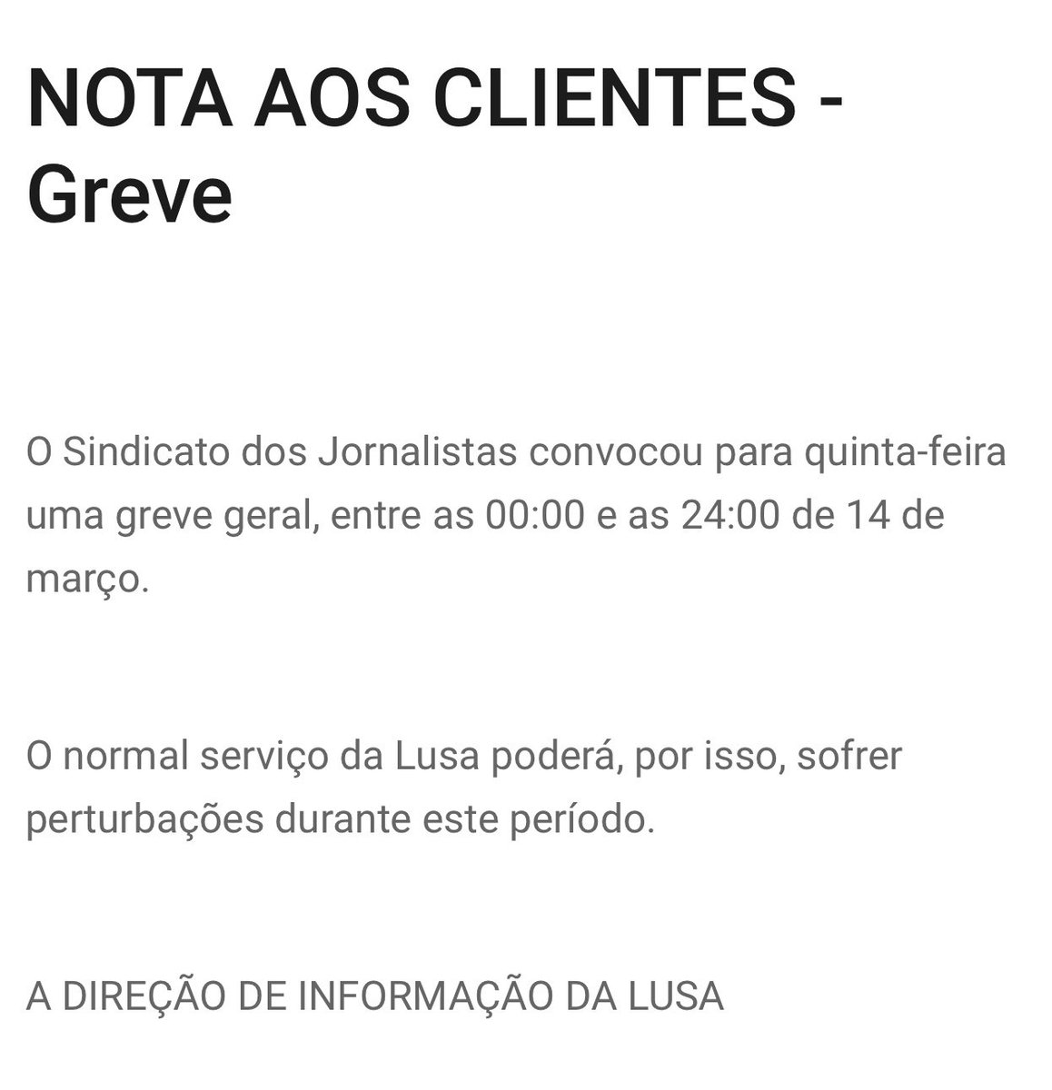 Today is a historic day. The first general strike by journalists in over 40 years is taking place in Portugal. <a href="/Lusa_noticias/">Agência Lusa</a> 
journalists - at home and in offices abroad - are joining the protest.