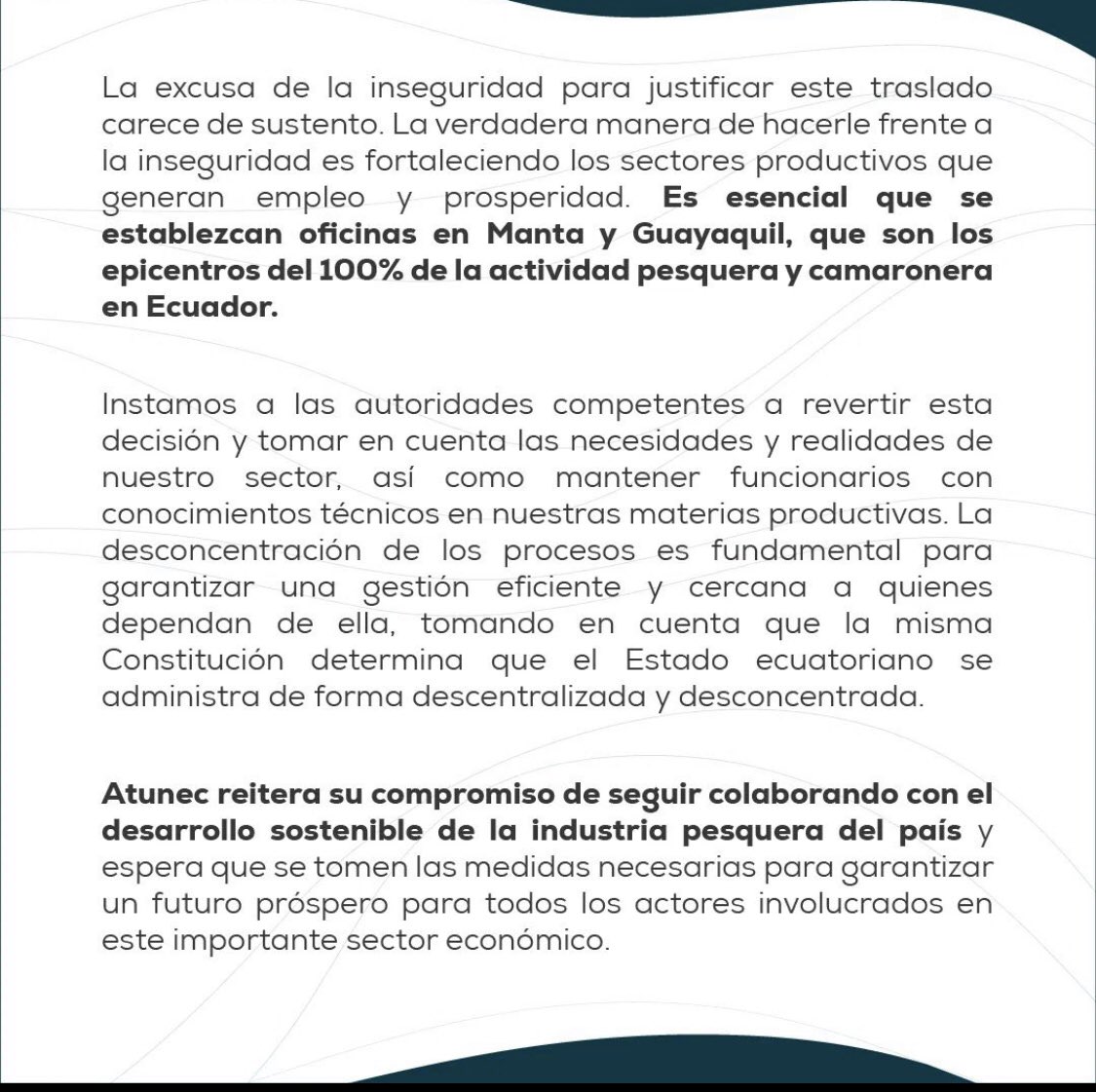 Ministra @sonsoles89, retirar las áreas de Patrocinio Legal y Coactivas del Viceministerio de Acuacultura y Pesca es una decisión que afecta a un importante gremio, motor de nuestro cantón Manta y del país.  Las áreas de procesos deben estar cercanos a los sectores productivos.