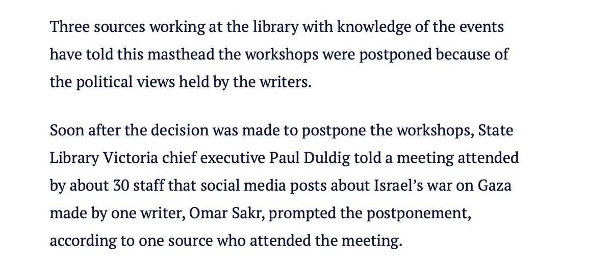 'Three sources working at the library with knowledge of the events have told this masthead the workshops were postponed because of the political views held by the writers.' Well well well, who'd have thunk it. theage.com.au/culture/books/…