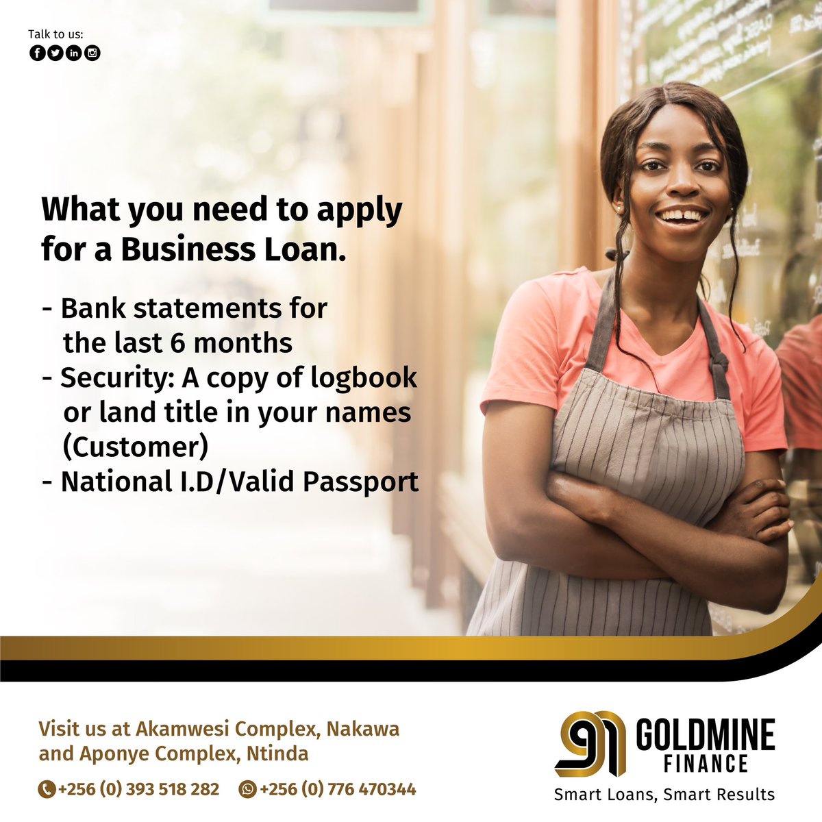 If you're interested in a #BusinessLoan for your business, here's what we require as you visit our offices. 

#GoldmineFinance #SmartGoalsSmartResults