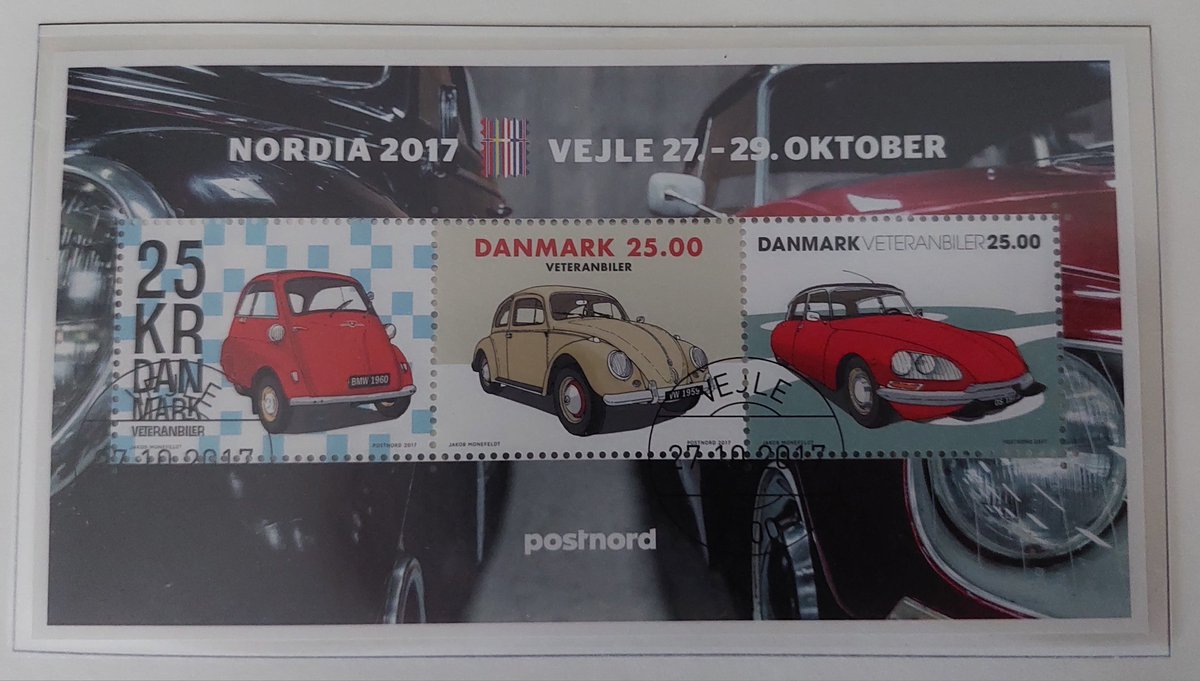 My latest purchase are these two danish minisheets with cars that I swapped out with the mint version I had in my album. In 2017 I was surprise to see that two different were realeased and the difference is the Nordia 2017 overprint. #philately #stampcollecting