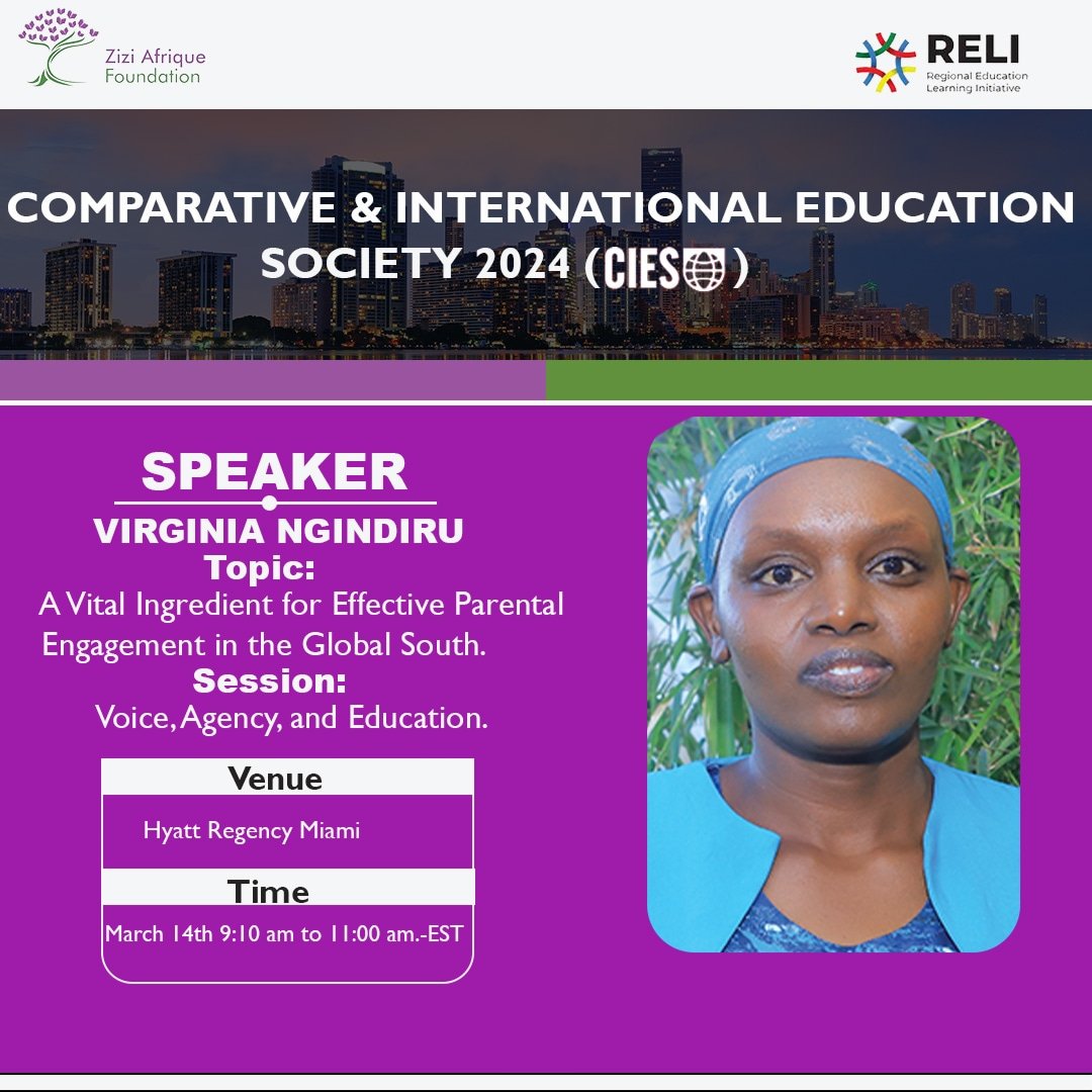 Join <a href="/VNgindiru/">Virginia Ngindiru</a> 
as she makes her presentations at #CIES2024 on 14th March from   9:10-11:00am EST. She'll speak on the vital ingredient for effective parental engagement in the Global South #ALiVEBook #ALiVEatCIE