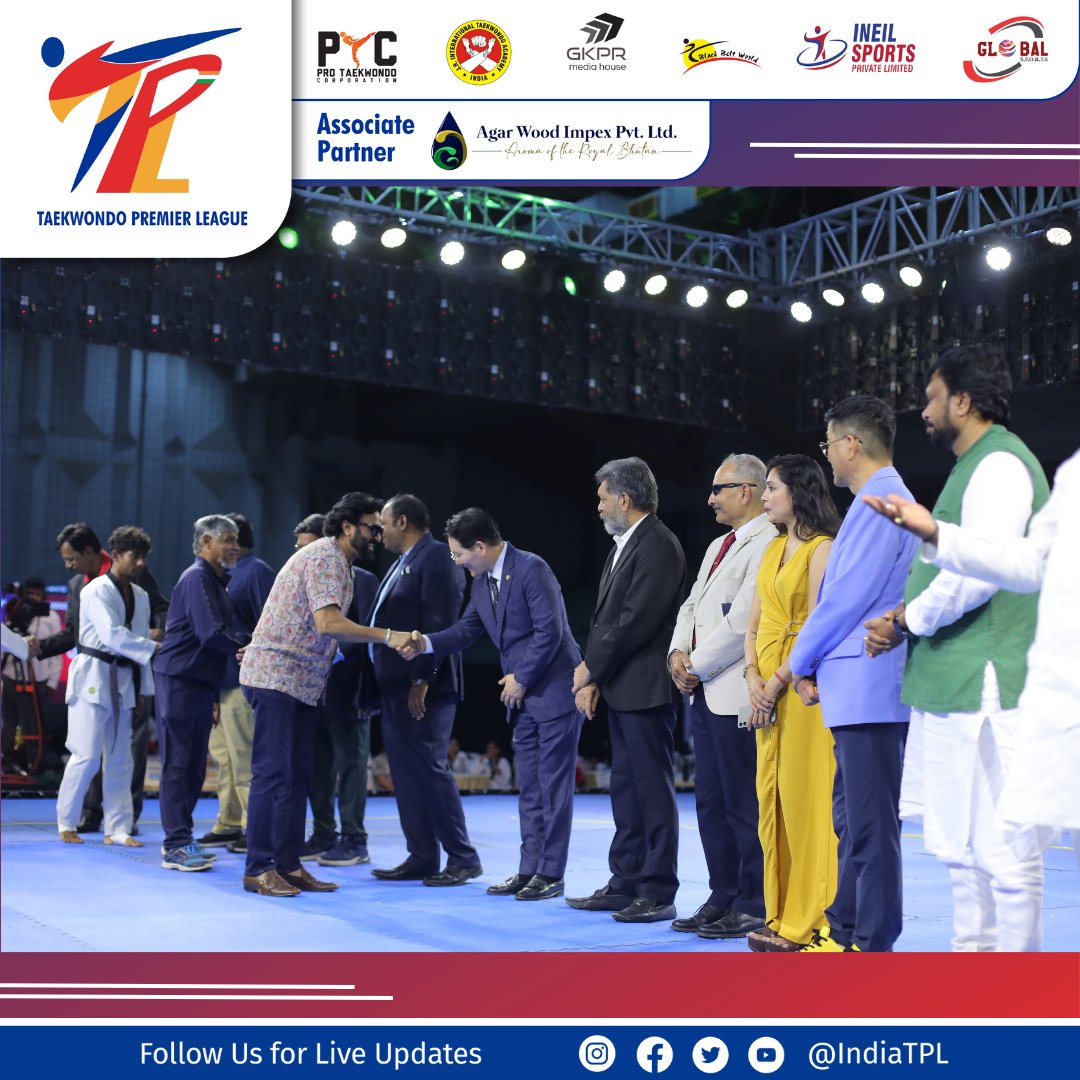 Unforgettable moments at the Taekwondo Premier League Season 1 Leg 2 Opening Ceremony! 🥋 Owner of Team Delhi Warriors, Mr. Shyam Patel, exchanging greetings with dignitaries. #TPL2024 #TaekwondoPremierLeague #GrandOpening #MartialArtsSpirit