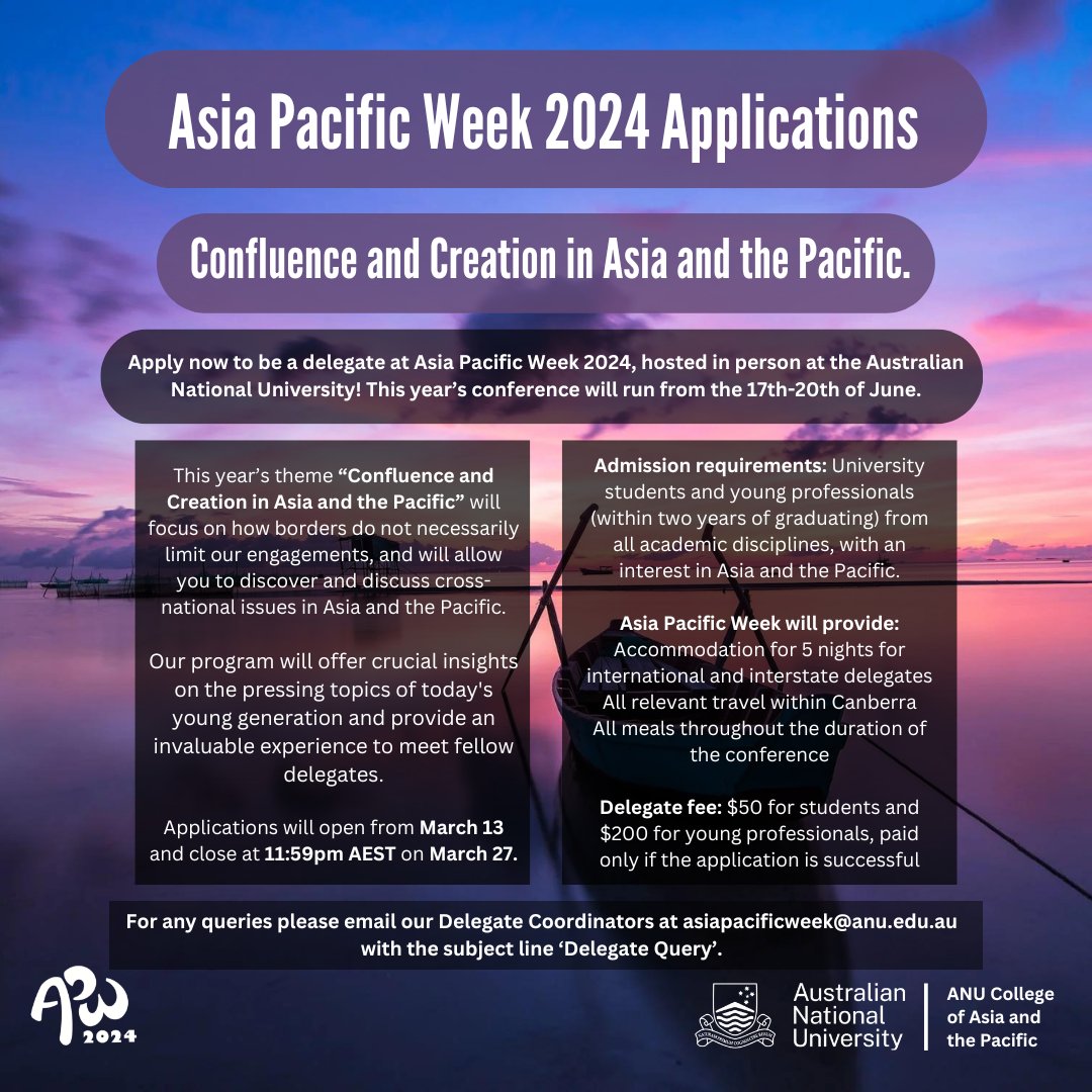 2024 Delegate Applications: forms.gle/UJU6rK9cPZvTqz… Apply now! 📣 Applications close on the 27th of March, 11:59 PM AEST! #APW2024