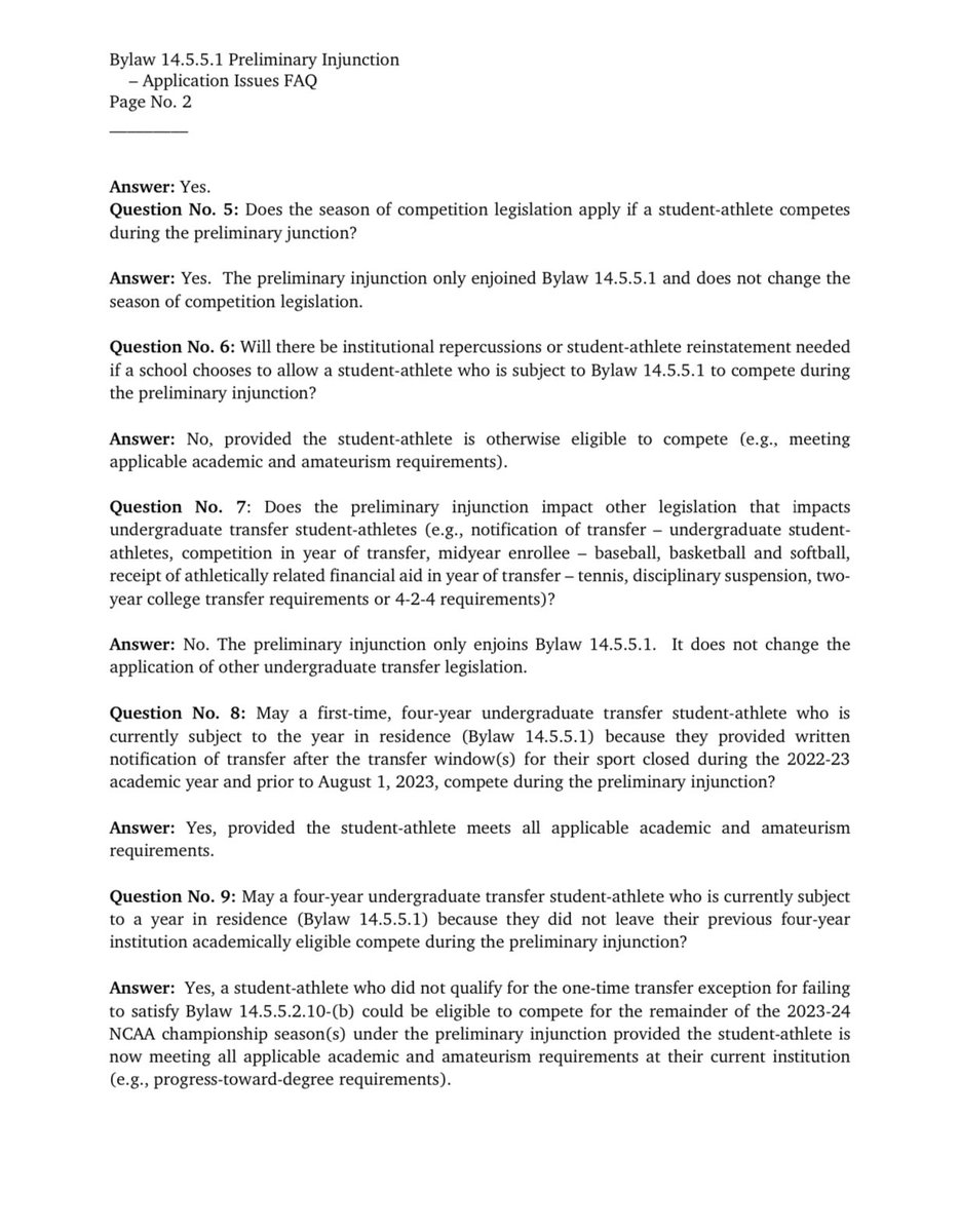 onuss_'s tweet photo. The #NCAA changed its memo regarding transfer portal rules (Bylaw & memo attached below). The #NCAA's transfer eligibility rules for the 2024-25 season are uncertain. However, student-athletes who transfer during the 2023-24 academic year may be eligible to play immediately in 2024-25 without a waiver. As noted below, they must follow the transfer notification windows set by the NCAA.

#NIL #CollegeBasketball