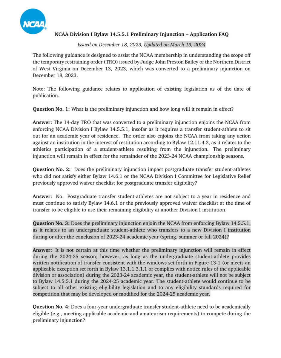 onuss_'s tweet photo. The #NCAA changed its memo regarding transfer portal rules (Bylaw & memo attached below). The #NCAA's transfer eligibility rules for the 2024-25 season are uncertain. However, student-athletes who transfer during the 2023-24 academic year may be eligible to play immediately in 2024-25 without a waiver. As noted below, they must follow the transfer notification windows set by the NCAA.

#NIL #CollegeBasketball
