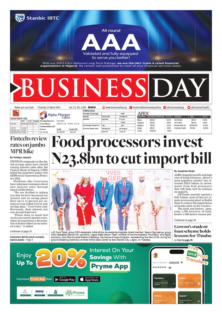 Front Page Today:

Food processors invest N23.8bn in Nigeria to cut import bill

Fintechs review rates on jumbo MPR hike

Visit businessday.ng to read more