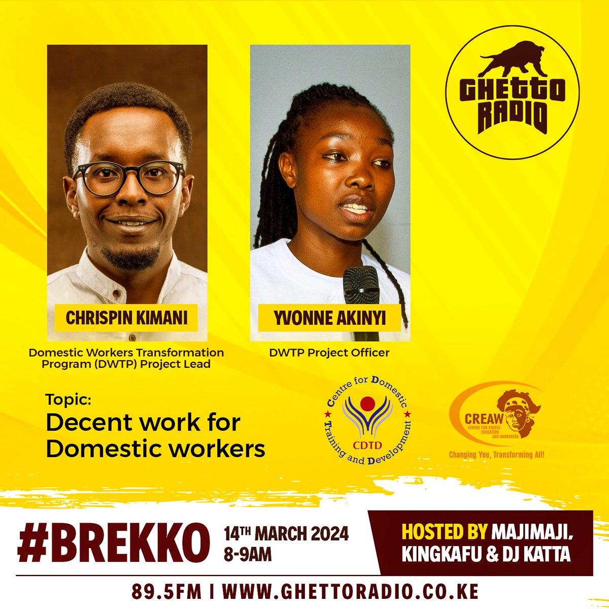 'My objective is to advocate for the rights of domestic workers, their pay is too little na workload ni most!' -Yvonne 

'First ever domestic worker alikua chali, so we're fighting for rights za both gender..' -Chrispin

#TrueGhettoStory #Brekko @CREAWKenya