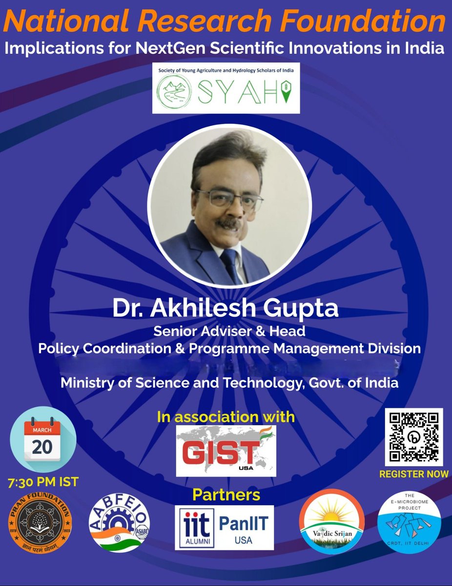 Dr Akhilesh Gupta (@guptaakhilesh63) on Twitter photo Look forward to my interaction n Q&A with early career researchers organised by <a href="/syahindia/">Society of Young Agri. and Hydro. Scholar of India</a> on how "Anusandhan National Research Foundation" would benefit them n help build India's NextGen Research n Innovation Ecosystem.
Registration open
<a href="/DrJitendraSingh/">Dr Jitendra Singh</a> <a href="/karandi65/">Abhay Karandikar</a> <a href="/IndiaDST/">DSTIndia</a> Look forward to my interaction n Q&A with early career researchers organised by <a href="/syahindia/">Society of Young Agri. and Hydro. Scholar of India</a> on how "Anusandhan National Research Foundation" would benefit them n help build India's NextGen Research n Innovation Ecosystem.
Registration open
<a href="/DrJitendraSingh/">Dr Jitendra Singh</a> <a href="/karandi65/">Abhay Karandikar</a> <a href="/IndiaDST/">DSTIndia</a>