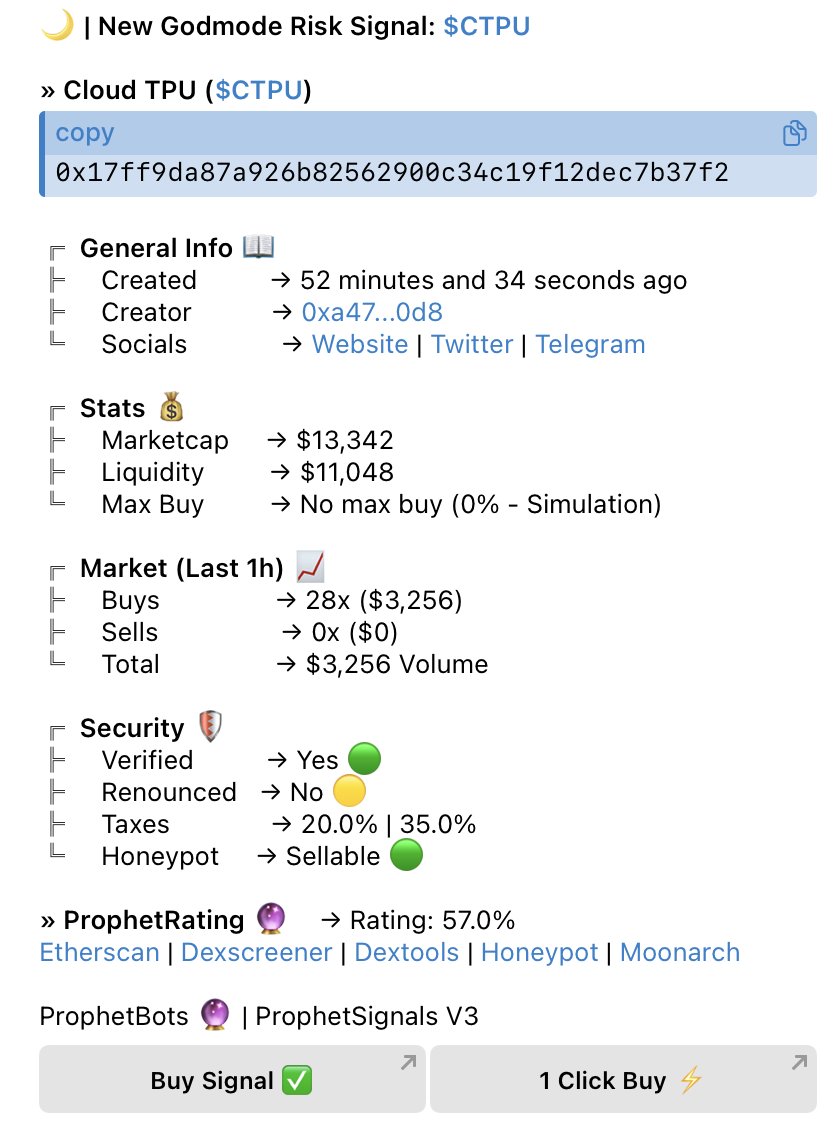 The Trading Algorithm at <a href="/ProphetBots/">ProphetBots</a>⚠️

$CTPU was signalled at $13.34k MC

$CTPU hit $7.9m MC

A 592.2x on a 0.05ETH entry...

Returning a MAX 29.6ETH // $118.4k USD profit.