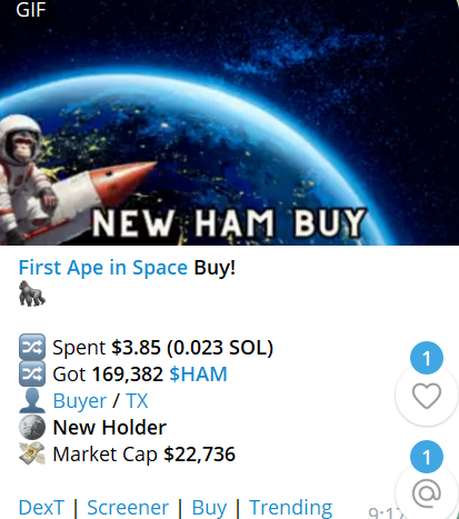 FIRST APE IN SPACE $HAM
🚀 Slowly gain back some traction after dev and jeets sold
🚀 Community continue to drive to send this $HAM TO SPACE
⭐️This is a CULT... come and join us
t.me/hamonsol