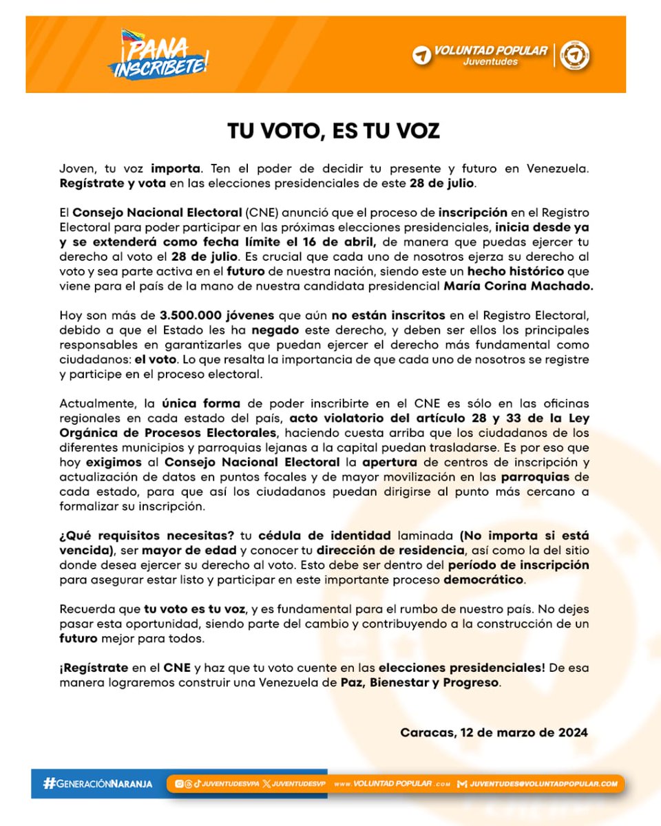 jvpalara's tweet photo. ¡Pana, tu voto, es tu voz! 🗣🇻🇪

Solo necesitamos de tí, del poder de tu voto. 🗳 ¿Qué esperas para hacerlo? 

#PanaInscríbete 🇻🇪🤟🏽 @JuventudesVP https://t.co/E4Sgdm0quH
