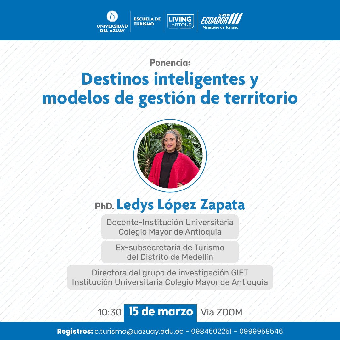 Por invitación de la escuela de turismo de <a href="/uazuay/">UniversidaddelAzuay</a> y @mintur_zonal6 en Ecuador, compartiremos las visión sobre inteligencia territorial turística y las razones por las cuales el modelo #Destinosturisticosinteligentes ayuda a gestionar esa complejidad del turismo en un territorio.