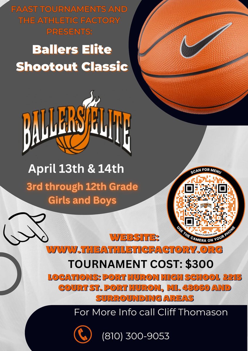 April 13/14 for 3rd - 12th gr., boys & girls. Scan the QR code or click link to register.
theathleticfactory.wufoo.com/forms/kes9llr0…
#BallersElite #TheAthleticFactory #PortHuron #StClairCounty #MacombCounty #SanilacCounty #FlintBasketball #AAUBasketball #TravelBasketball #MichiganYouthSports