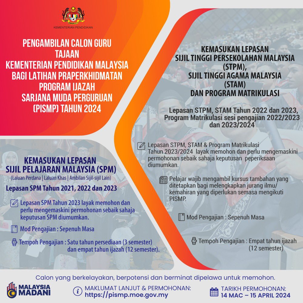 KemPendidikan's tweet photo. INFO KPM: Kementerian Pendidikan Malaysia (KPM) mempelawa semua calon yang berkelayakan untuk memohon program berikut:

📌 Pengambilan Calon Guru Tajaan KPM Bagi Latihan Praperkhidmatan Program Ijazah Sarjana Muda Perguruan (PISMP) Tahun 2024 https://t.co/3Hdo5wToNm