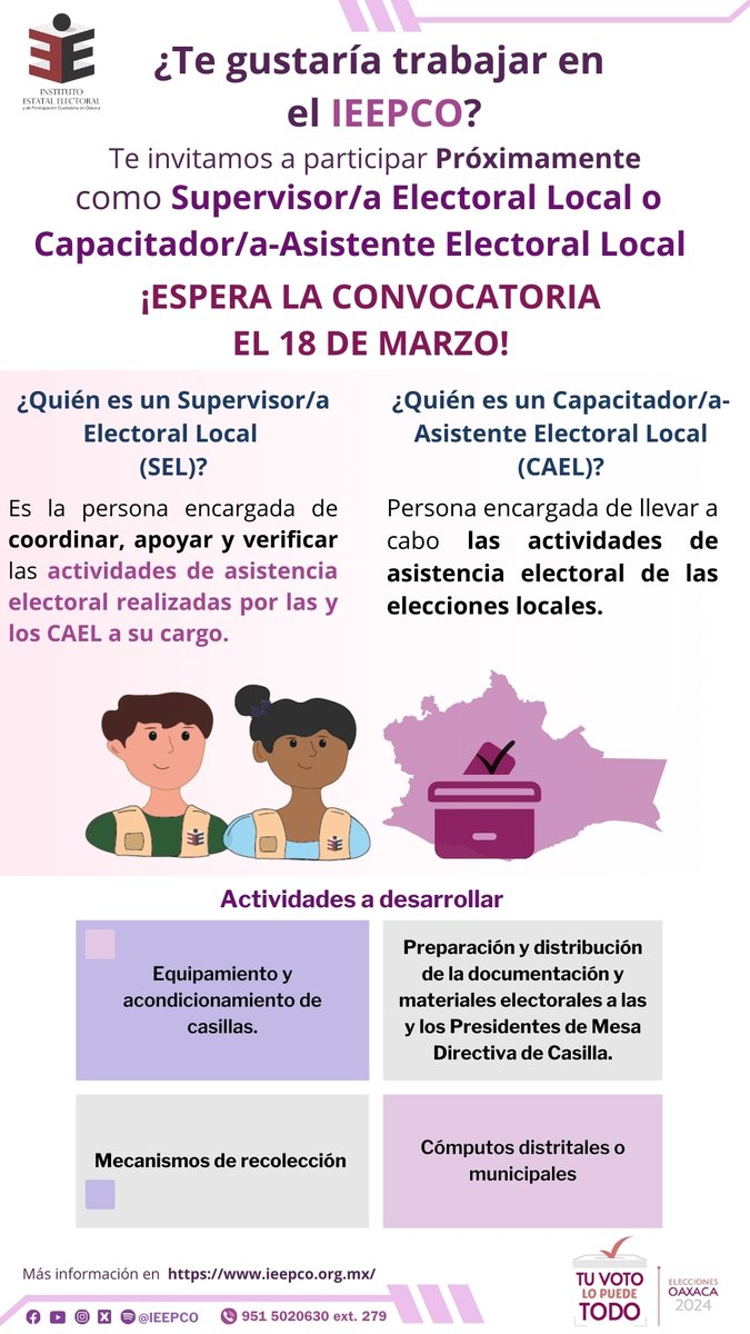 🙋🏽‍♀️🙋🏽‍♂️El #IEEPCO, te invita a participar como Supervisor/a Electoral o Capacitador/a Asistente Electoral Local, para las #EleccionesOaxaca2024, espera la convocatoria el próximo 18 de marzo.