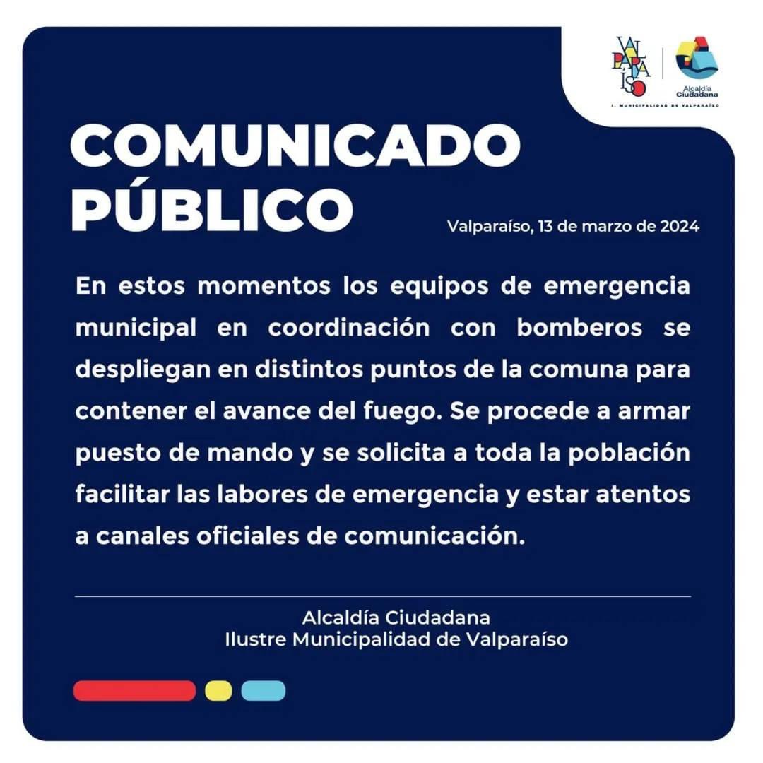 🔴#ComunicadoPúblico sobre los incendios en Valparaíso.