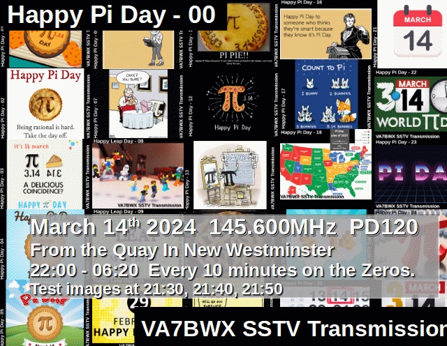 VA7BWX's tweet photo. 2024-03-14  Pi Day SSTV
Celebrate Pi Day (March 14 is taken from the first three digits of Pi 3.14) I am going to be sending out Pi themed SSTV images from the Quay in New Westminster.  Transmissions from 22:00-06:20 on 145.600 simplex using PD120 at 00,10,20,30,40,50 every hour https://t.co/nJkDONCoV5