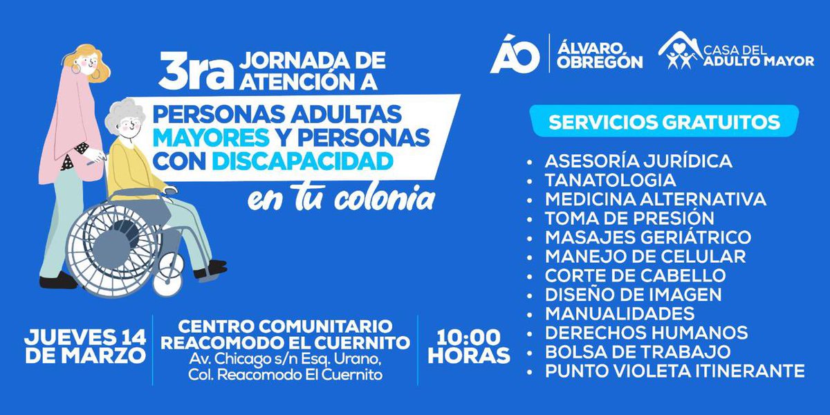 La jornada para adultos mayores y personas con discapacidad llega a reacomodo el Cuernito Te esperamos el día de mañana a partir de las 10 de la mañana.