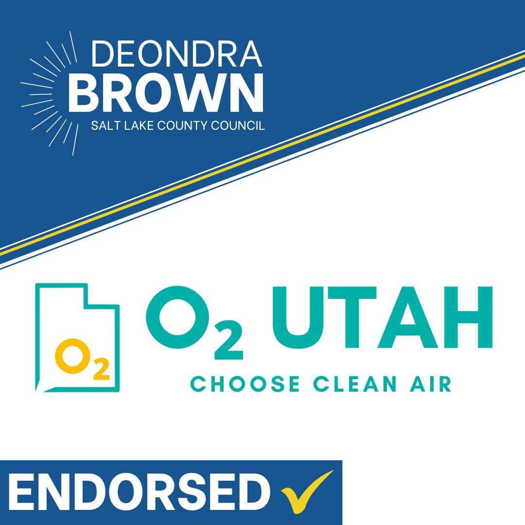 VoteDeondra's tweet photo. I am incredibly grateful to have the support of O2 Utah for my campaign for Salt Lake County Council. Clean air is one of the biggest issues our community faces and if elected I will work with fellow council members and organizations like O2 Utah to improve our air quality. https://t.co/DzF5xueiHl