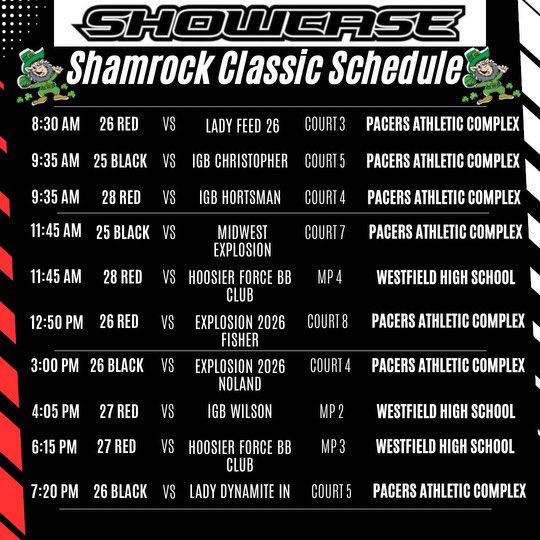 #ShowcaseBasketball #AAU ⛹🏻‍♀️

Here is our Master Schedule for 
the Shamrock this weekend ☘️

Come and check out “The Show”

<a href="/ShowcaseMediaCo/">Indiana Showcase Girls Basketball</a> #Hoopers
<a href="/coachbeckett/">IGBRR Hoops</a> <a href="/IGBRRMedia/">IGBRR Media</a> 
<a href="/MasonHAsher/">Mason Asher</a> <a href="/PGHIndiana/">Prep Girls Hoops Indiana</a>