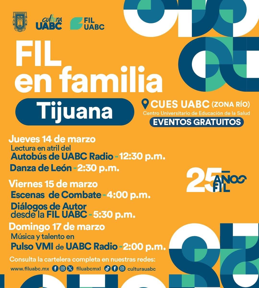📣 ¡Tijuana! Nos vemos a partir de mañana y hasta el 17 de marzo en el Centro Universitario de Educación de la Salud (CUES UABC) Zona Río de 10:00 a.m. a 8:00 p.m. Encuentra el programa completo de tu ciudad aquí 👉​filuabc.mx/sedes