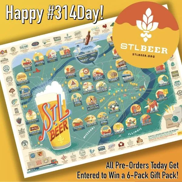 Celebrate #314Day with our 2024 STL Beer art print by Dan Zettwoch! Show your #stlbeer love with a poster featuring 100+ breweries. Pre-order by midnight to enter a drawing for a prize pack, including beer, glasses, and more! 
For more details, visit: stlbeer.org/314day 🍻