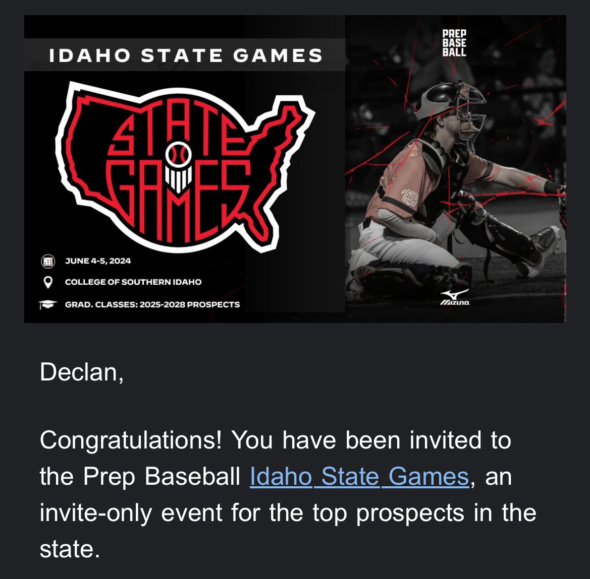 Exited to be selected for the Idaho state games this summer.  Thank you <a href="/PrepBaseballID/">Prep Baseball Idaho</a>.

<a href="/cmcwilliams05/">Canyon McWilliams</a> 
<a href="/tier_cal/">TopTierNorCal</a>