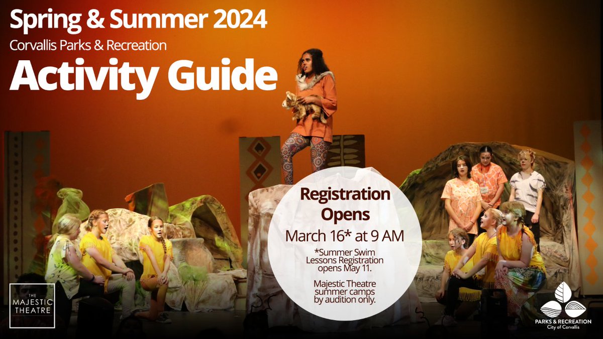 The 2024 Spring & Summer Activity Guide is online! Registrations open March 16th! (Please Note: Our summer theatre day camp registrations will be processed after their respective auditions in April.)
corvallisoregon.gov/parksrec/page/…
#corvallisparksandrec #corvallisoregon