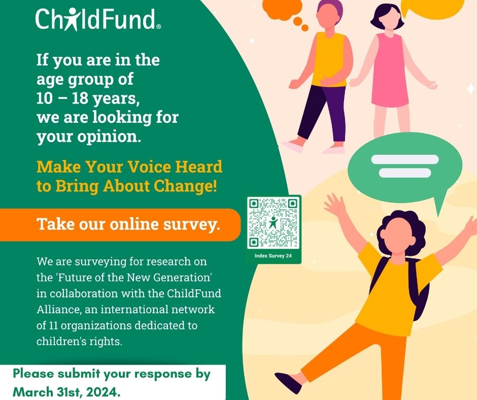 ChildFundPh's tweet photo. Speak up and participate in the survey now!
#ChildFund is surveying for research on the ‘Future of the Next Generation’. This survey is part of the
@ChildFundAll
#WorldIndex. Fill out the survey using the link below by March 31, 2024. 🔗 https://t.co/eYE5kqIWmA https://t.co/JHHOvGLHPN
