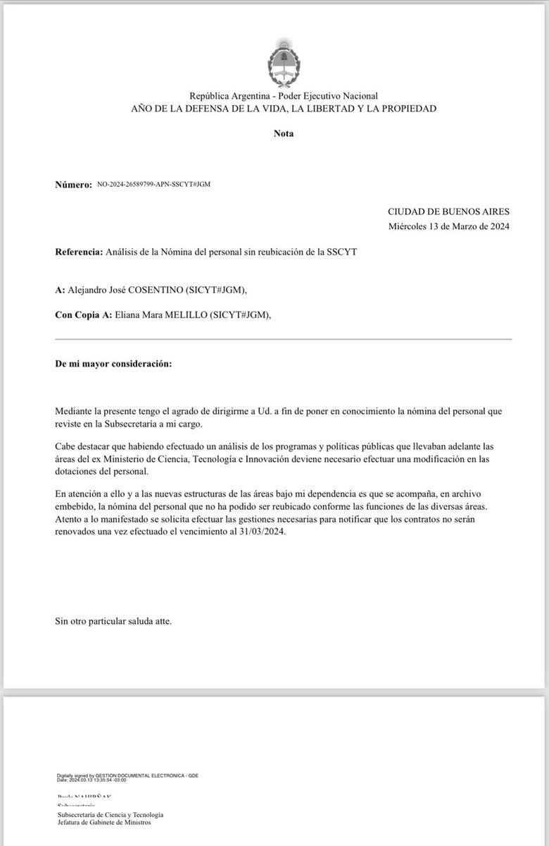 El Secretario de CTI, Alejandro Cosentino, y la Subsecretaria de CyT, Paula Nahirñak, anunciaron hoy 40 despidos en el ex MINCYT. La política de vaciamiento de Milei deja a familias sin trabajo y al país sin soberanía.

¡EXIGIMOS LA REINCORPORACIÓN URGENTE DE LXS DESPEDIDXS!