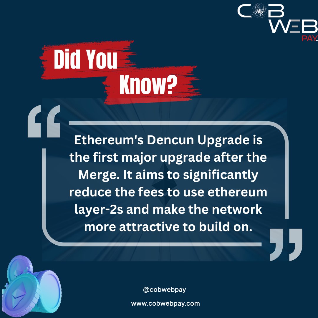 Did You Know?💡 Ethereum's Dencun Upgrade is the first major upgrade after the Merge. It aims to significantly reduce the fees to use #ETH L2s and make the network more attractive to build on. As $ETH inches closer to its all-time high, download CobWeb Pay for all your…