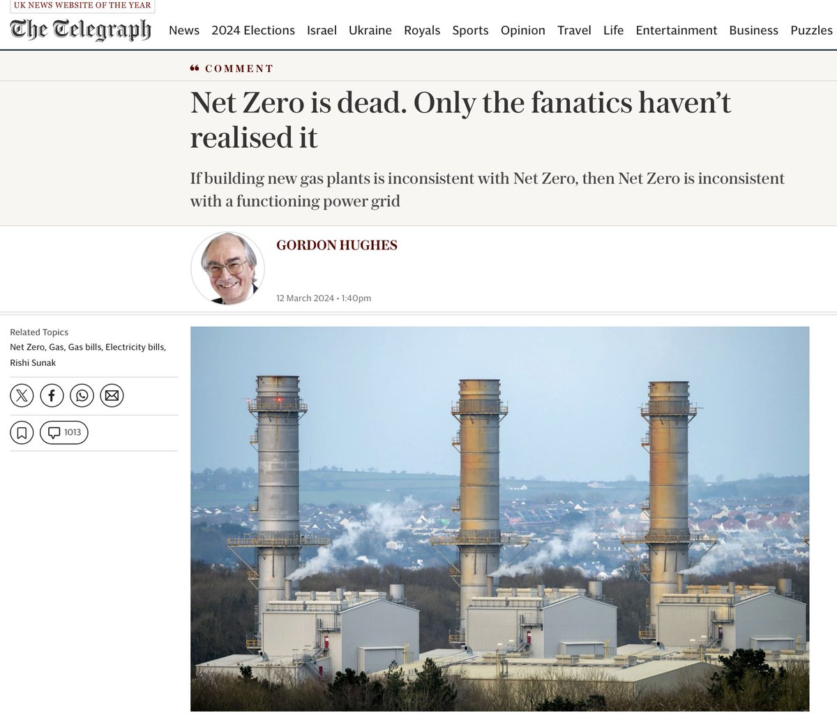 Net zero is economically, if not physically impossible. So @Telegraph Gordons Hughes writes: 'Advocates of Net Zero live in a fantasy world and are, apparently, content to sacrifice the future welfare of the UK’s population on the altar of arbitrary and artificial goals.'