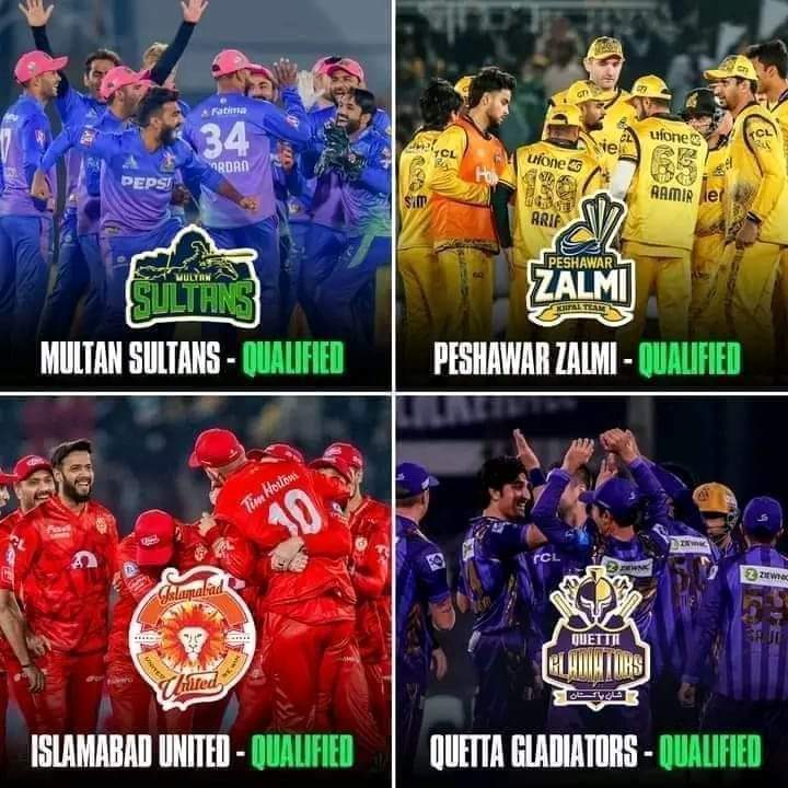 ملتان سلطانز ✅
پشاور زلمی ✅
اسلام آباد یونائیٹڈ ✅
کوئٹہ گلیڈی ایٹرز ✅

پی ایس ایل 2024 کے پلے آف کے لیے کوالیفائیڈ ٹیمیں ہیں 
#MultanSultans I #PeshawarZalmi I #IslamabadUnited I #QuettaGladiators I #PSL9 I #PlayOffs I #CricketTwitter