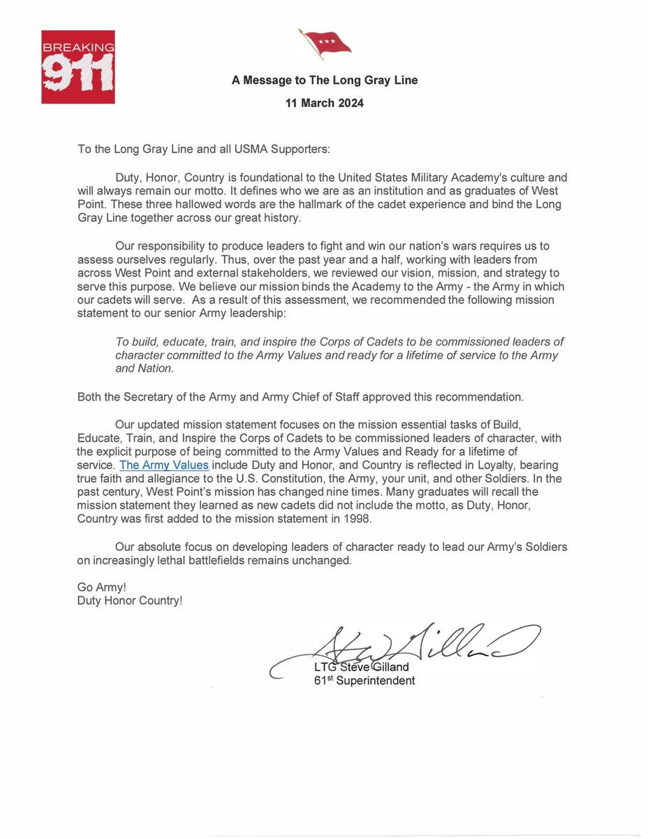 NEW: West Point Changes Mission Statement, Removing 'Duty, Honor, Country'

The replacement? “build, educate, train, and inspire.”

We are not a serious country