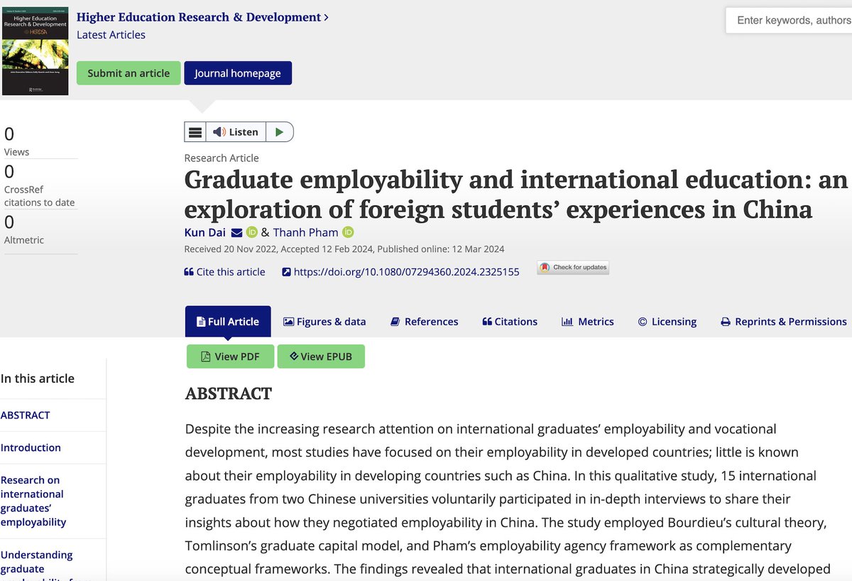 Glad to share our latest article on #employability of international students in China lnkd.in/geeSKaY7. We believe our research fills the gap in knowledge about employability #capitals, agency and #international students in Asia. Thx Kun Dai for leading a great research!